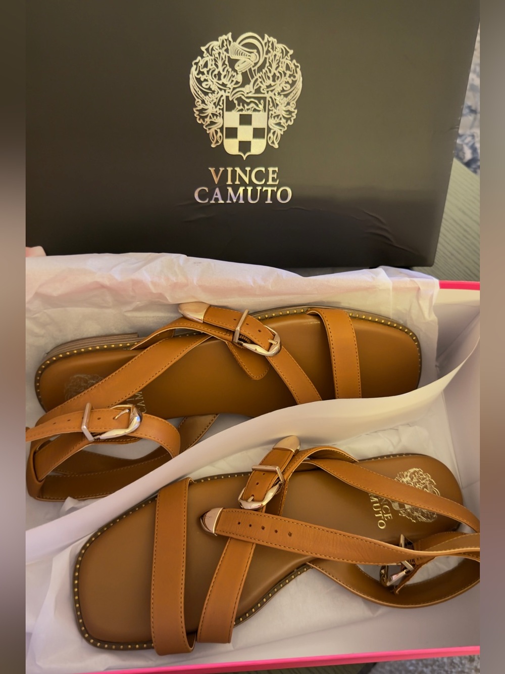 Vince Camuto Neiko Golden Walnut Leather Strappy Sandals 8.5M NEW w/ Box